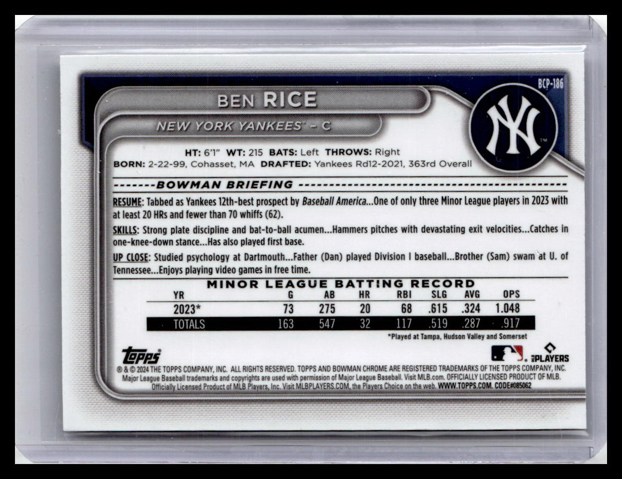 2024 Bowman Chrome #BCP-186 Ben Rice Prospects