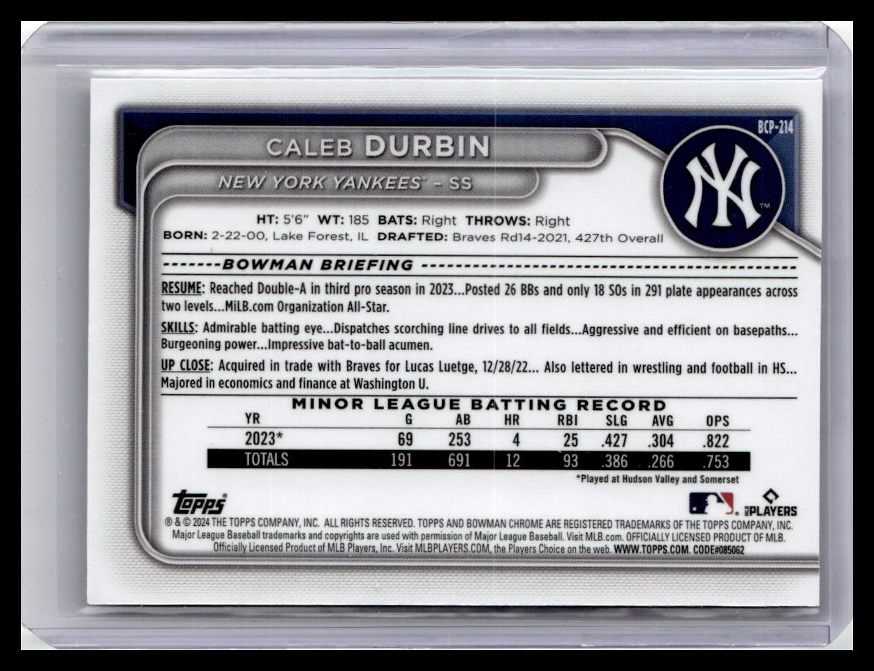 2024 Bowman Chrome #BCP-214 Caleb Durbin Prospects