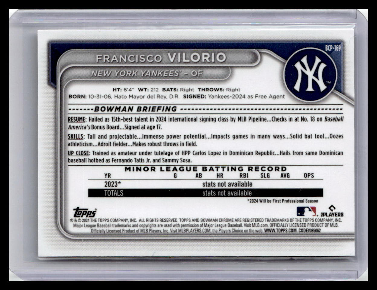 2024 Bowman Chrome #BCP-169 Francisco Vilorio Prospects