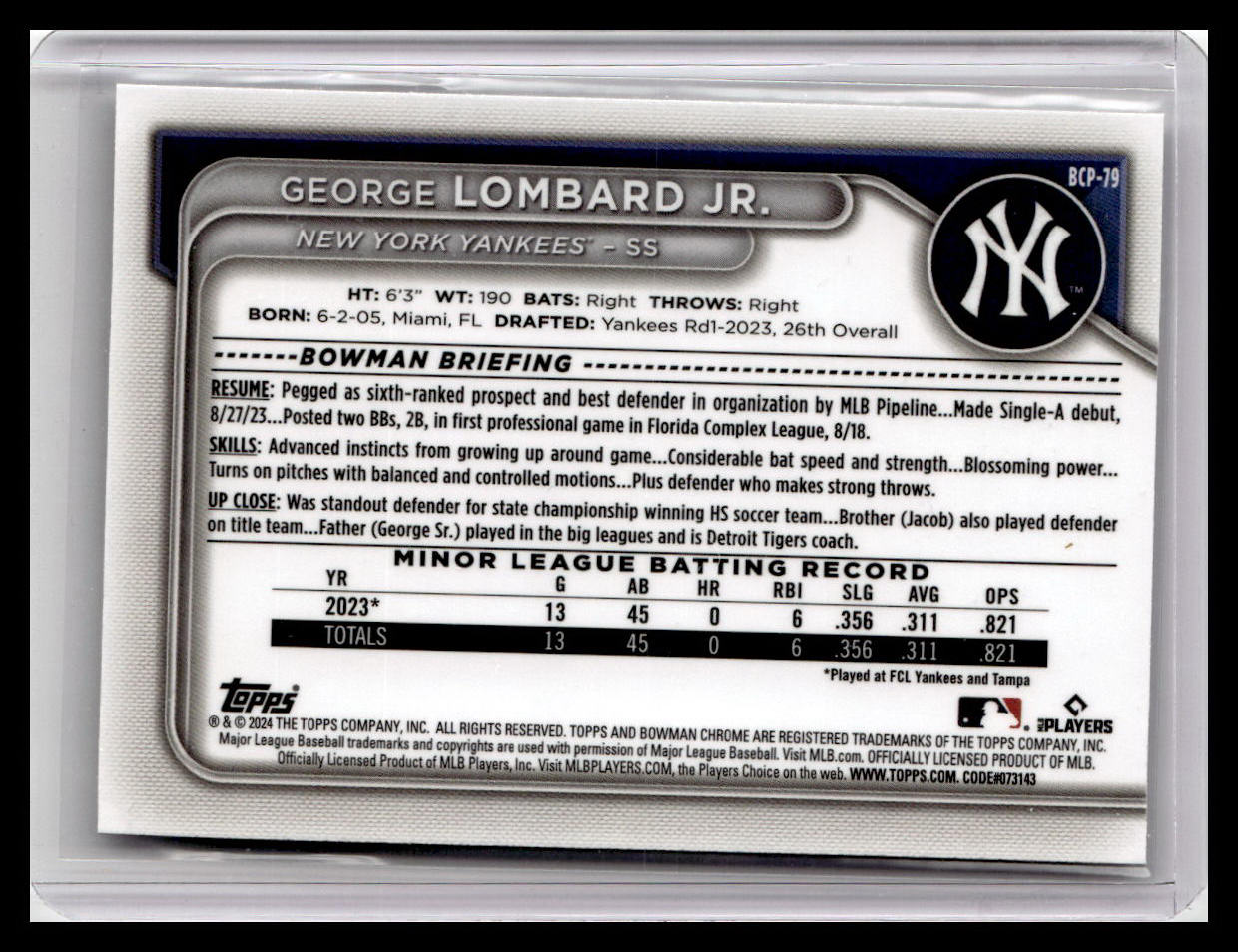 2024 Bowman #BCP-79 George Lombard Jr. Chrome Prospects