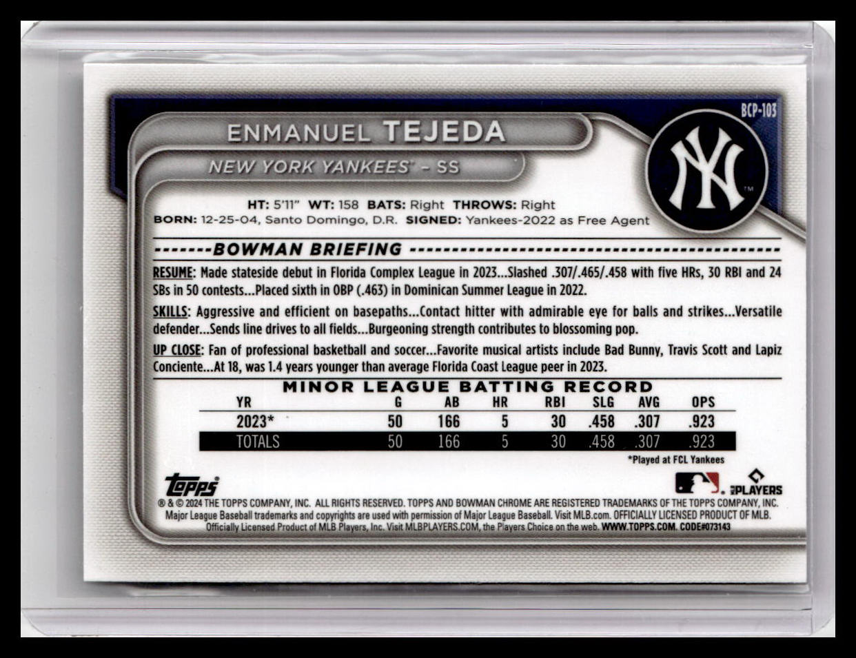 2024 Bowman #BCP-103 Enmanuel Tejeda Chrome Prospects