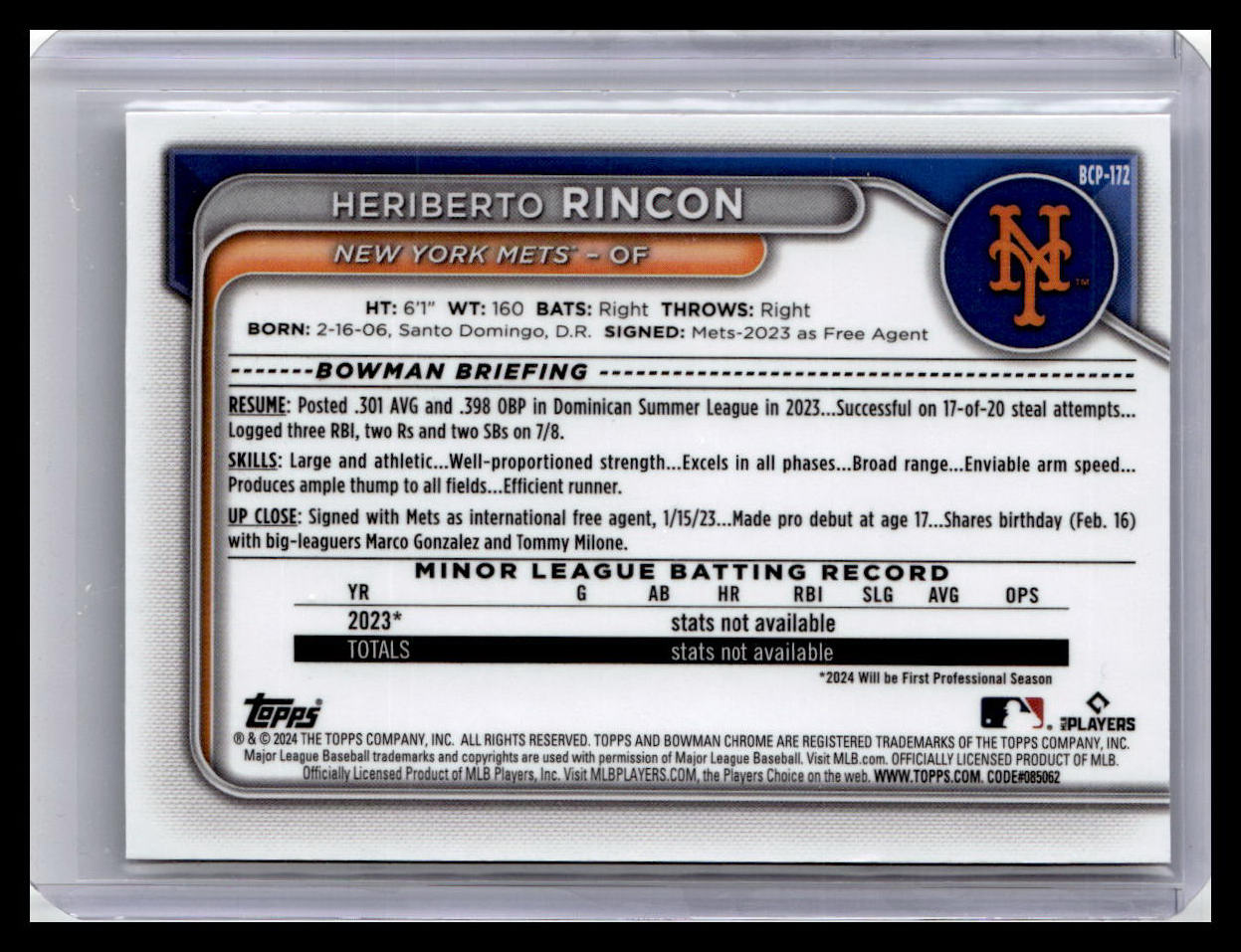 2024 Bowman Chrome #BCP-172 Heriberto Rincon Prospects