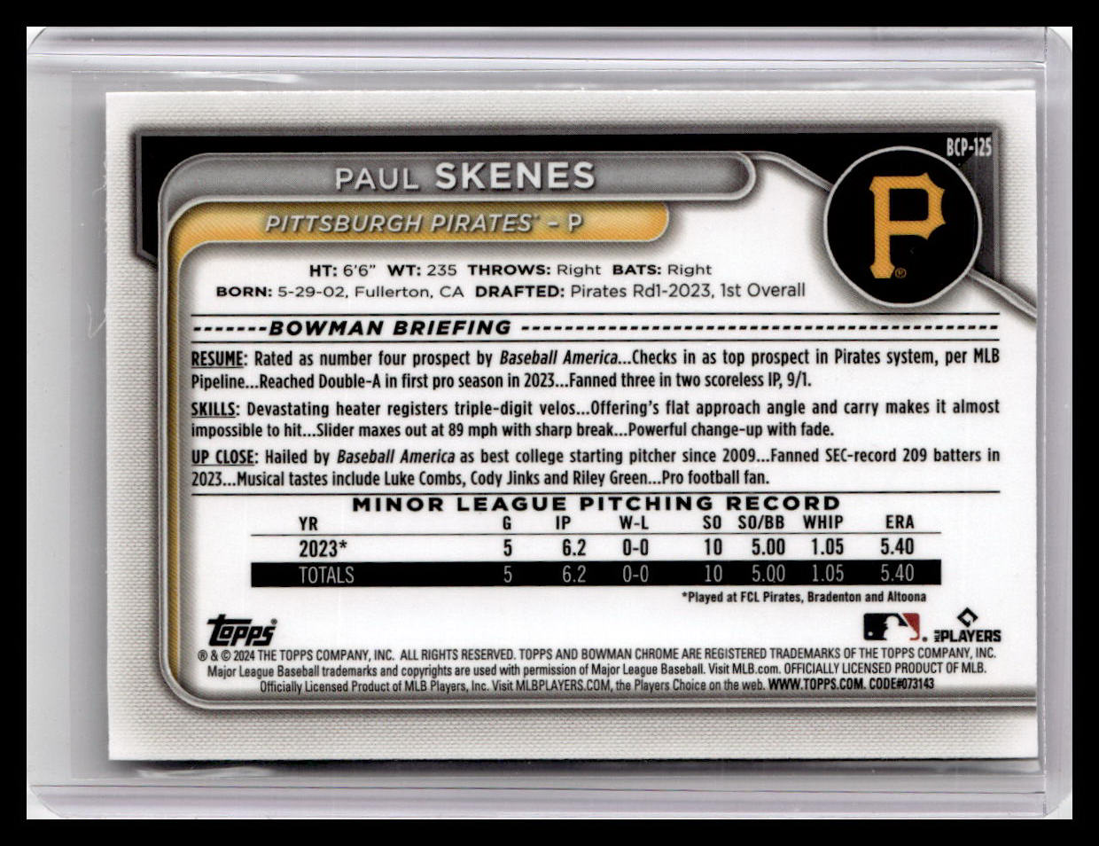 2024 Bowman #BCP-125 Paul Skenes Chrome Prospects