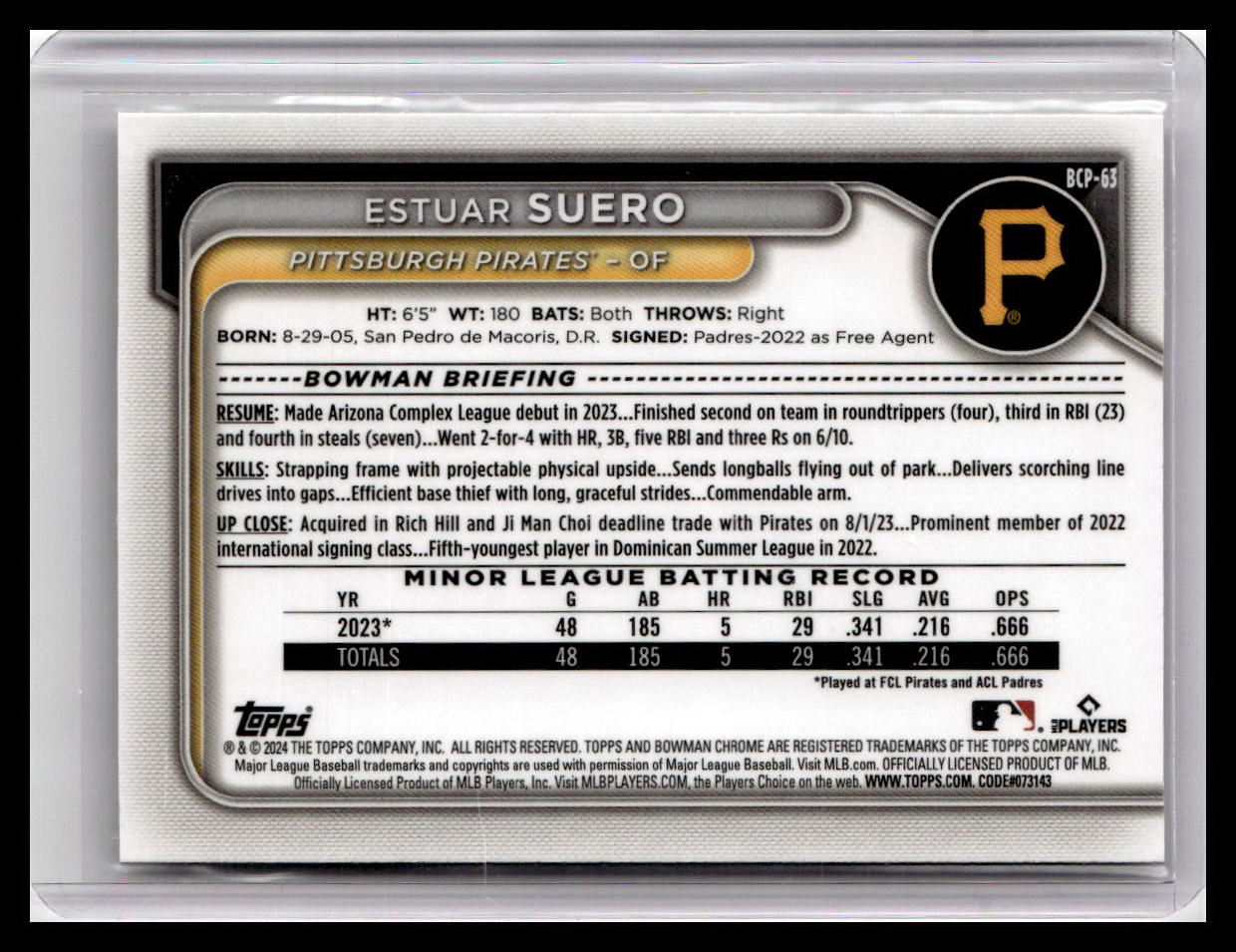 2024 Bowman #BCP-63 Estuar Suero Chrome Prospects