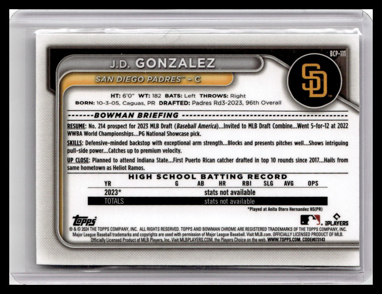 2024 Bowman #BCP-111 J.D. Gonzalez Chrome Prospects