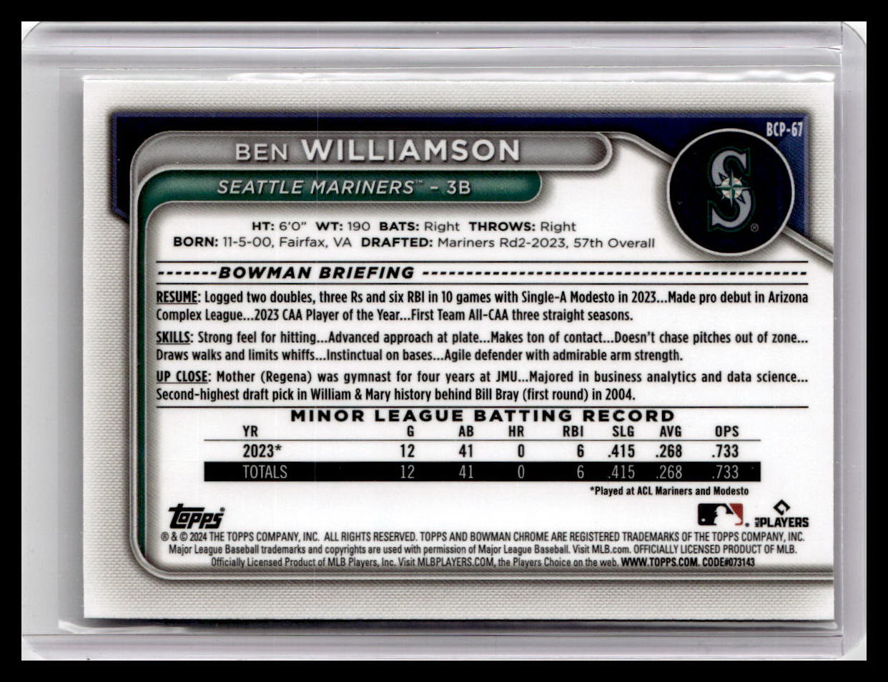 2024 Bowman #BCP-67 Ben Williamson Chrome Prospects