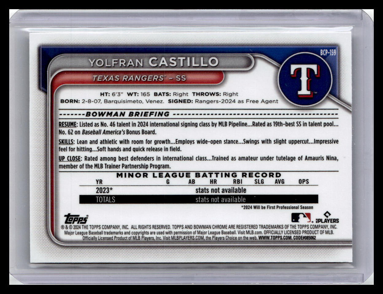2024 Bowman Chrome #BCP-159 Yolfran Castillo Prospects