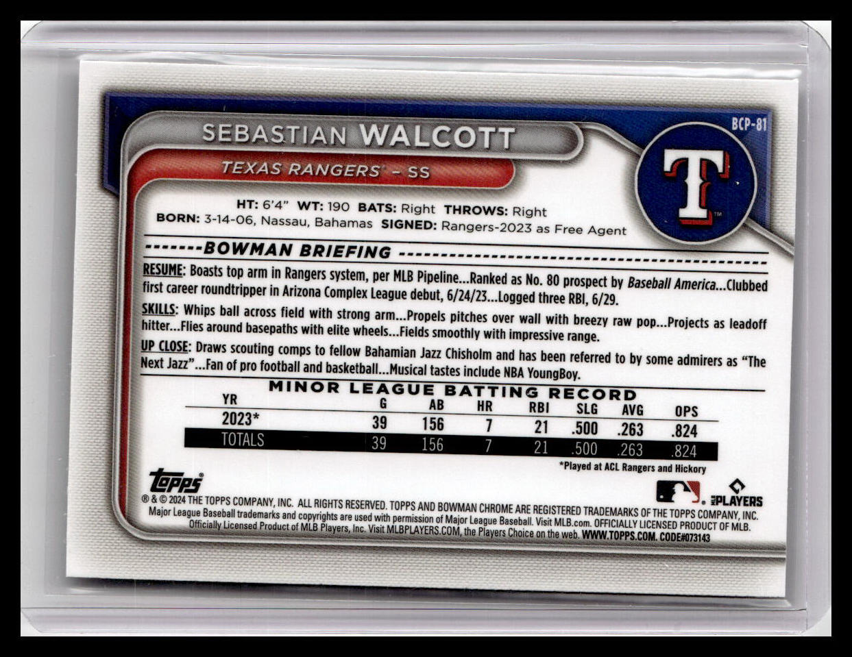 2024 Bowman #BCP-81 Sebastian Walcott Chrome Prospects