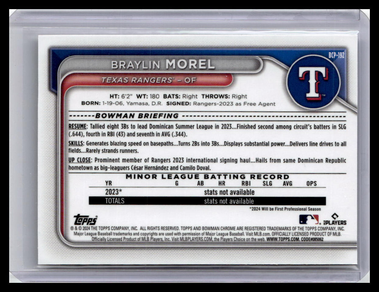 2024 Bowman Chrome #BCP-192 Braylin Morel Prospects