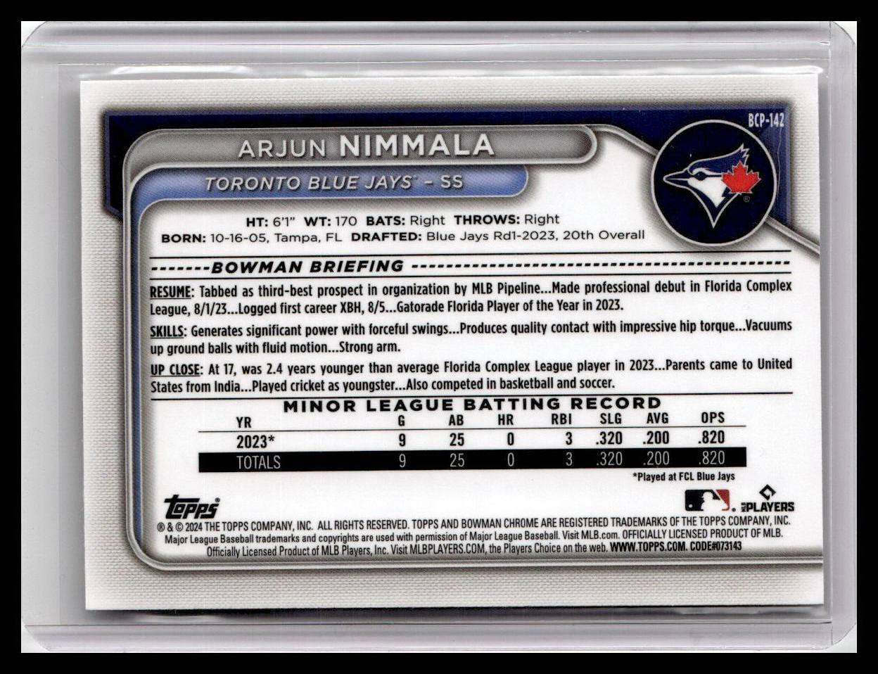 2024 Bowman #BCP-142 Arjun Nimmala Chrome Prospects