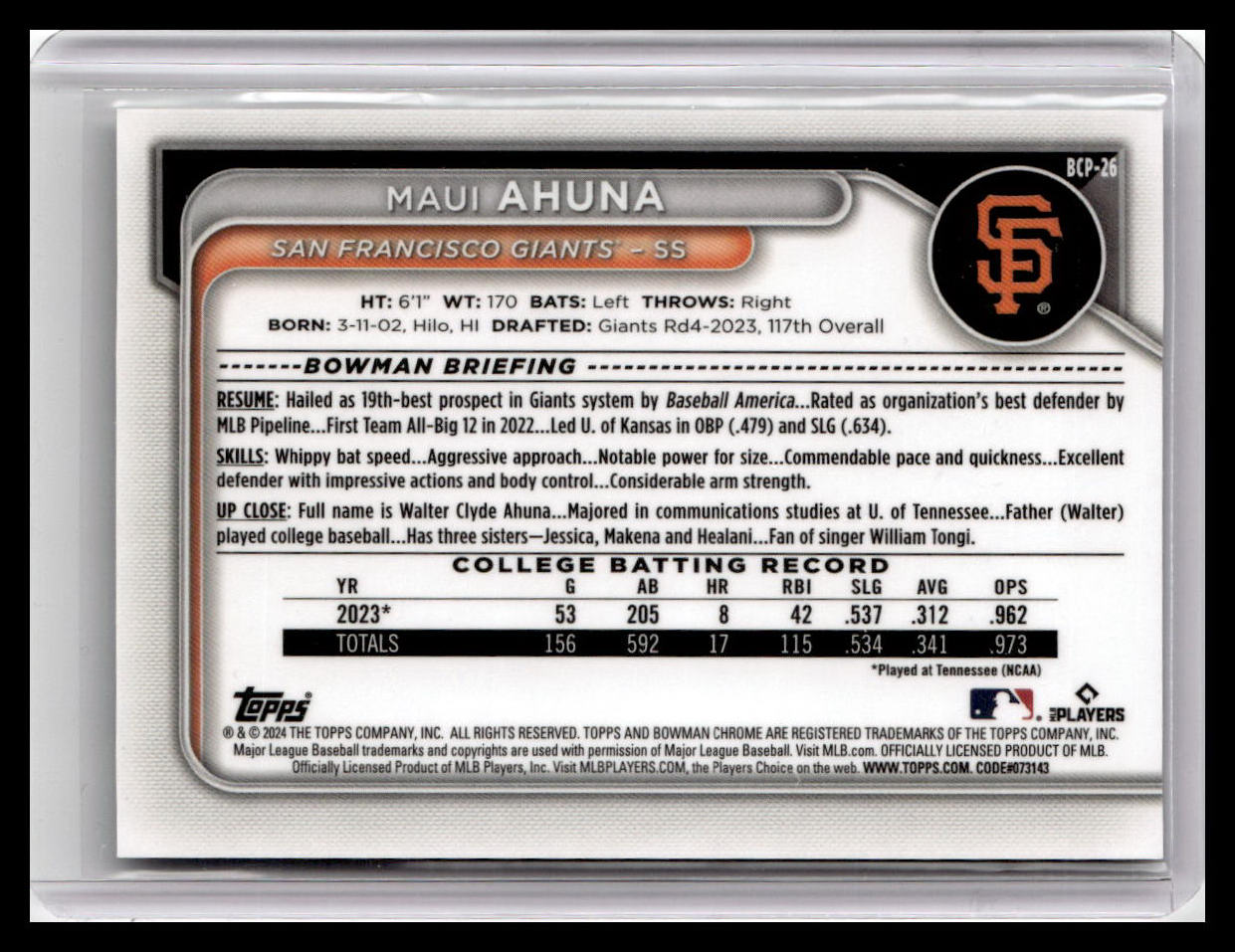 2024 Bowman #BCP-26 Maui Ahuna Chrome Prospects Aqua Shimmer Refractors #/125