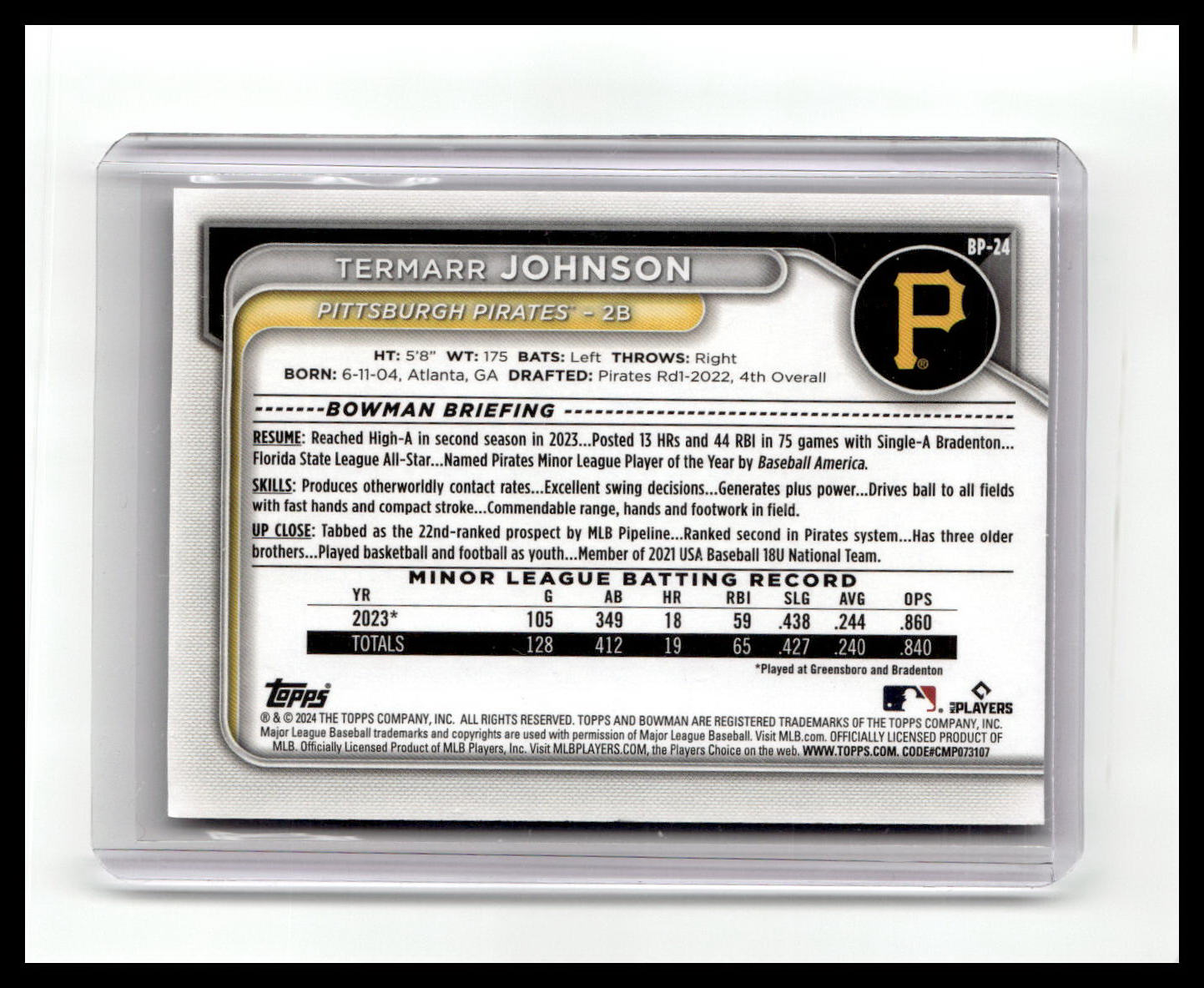 2024 Bowman #BP-24 Termarr Johnson Prospects Purple Pattern #/199