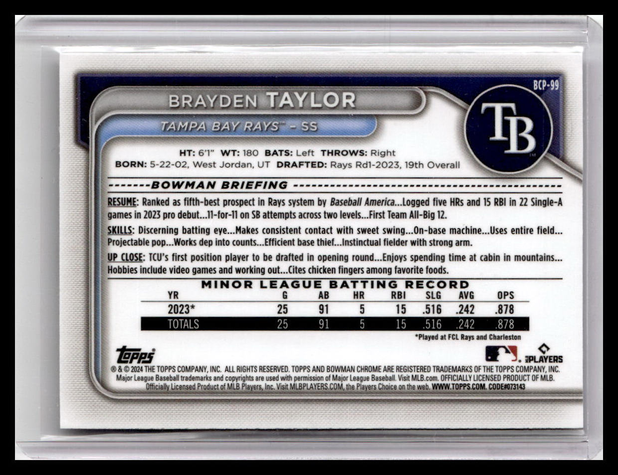 2024 Bowman #BCP-99 Brayden Taylor Chrome Prospects Mini-Diamond Refractors