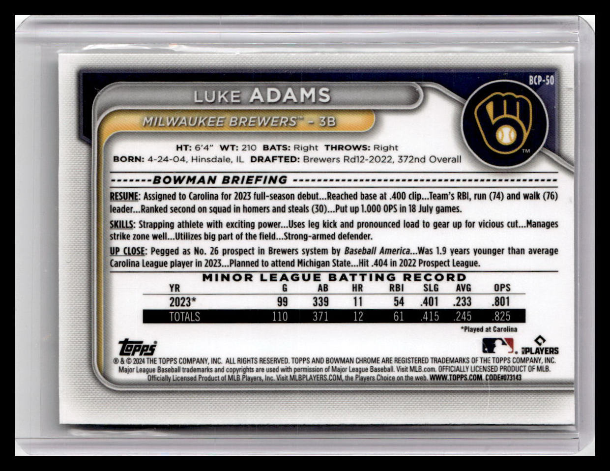 2024 Bowman #BCP-50 Luke Adams Chrome Prospects Lunar Glow Refractors