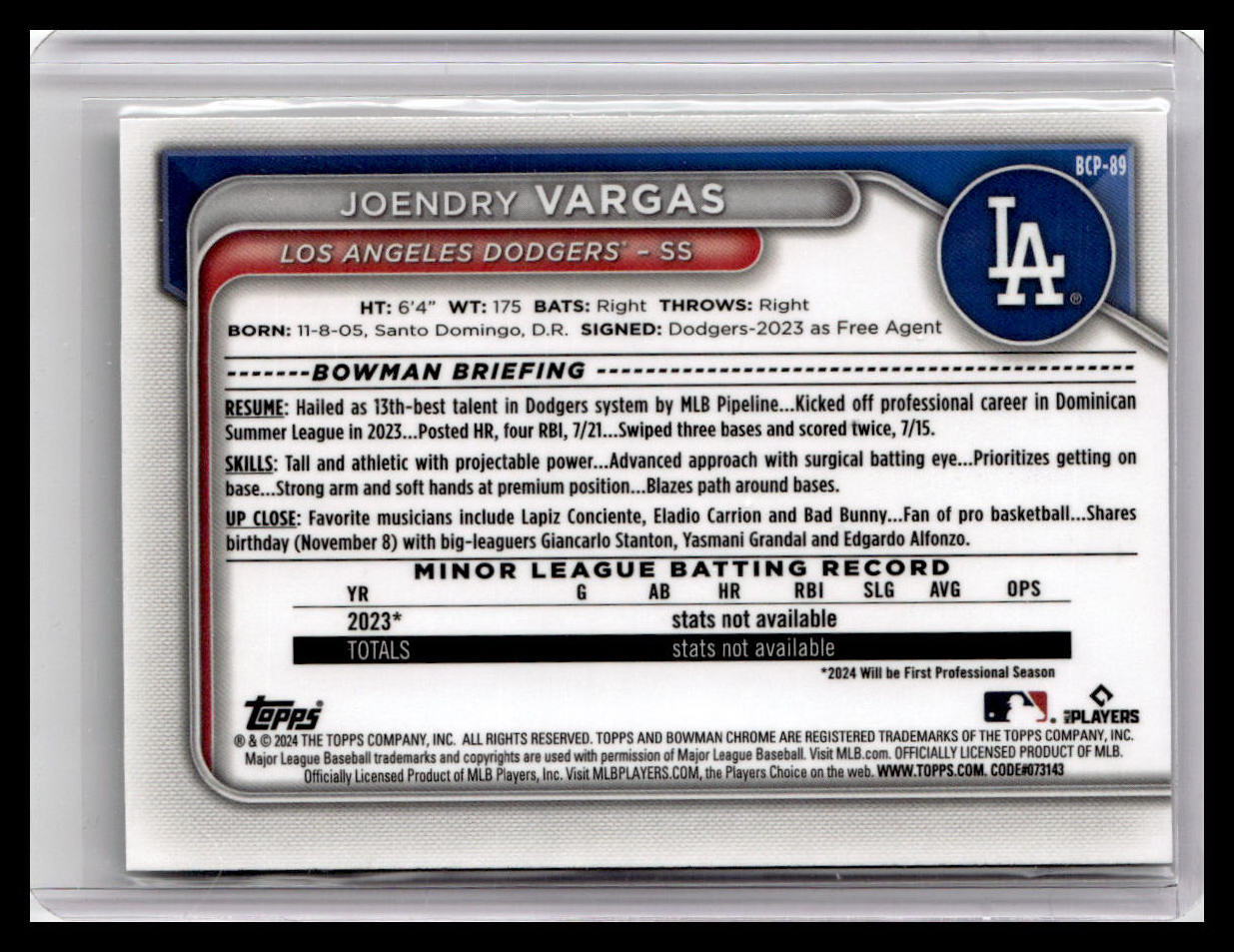 2024 Bowman #BCP-89 Joendry Vargas Chrome Prospects Lunar Glow Refractors