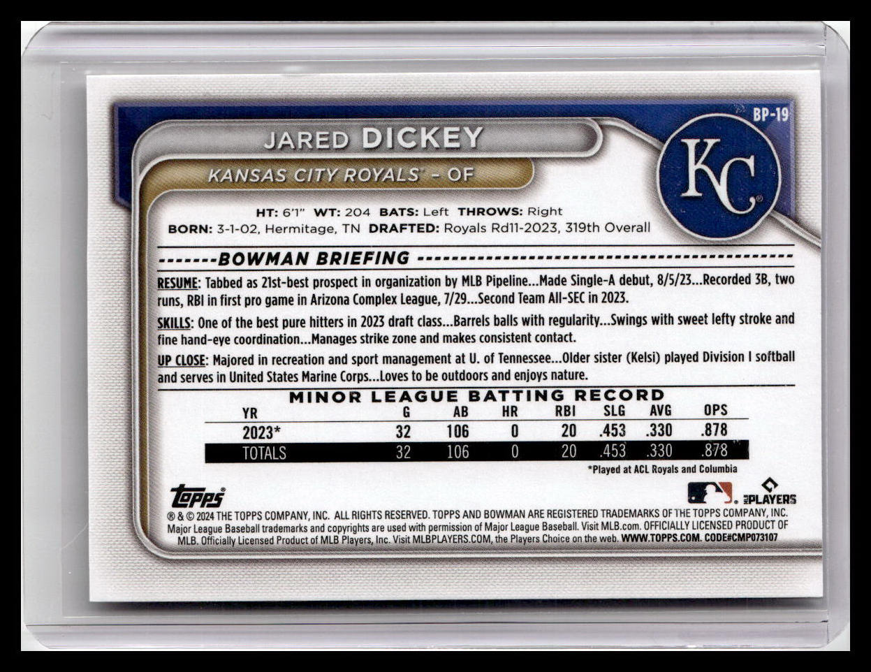 2024 Bowman #BP-19 Jared Dickey Prospects