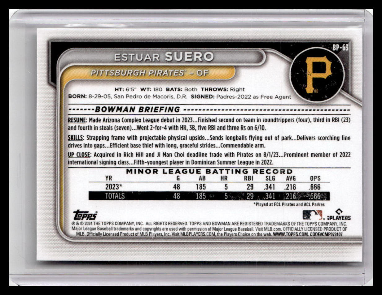 2024 Bowman #BP-63 Estuar Suero Prospects