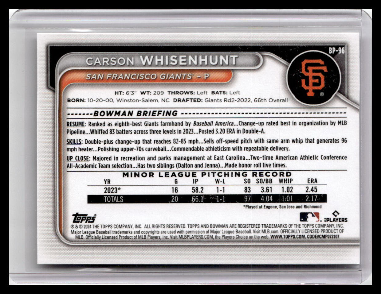 2024 Bowman #BP-96 Carson Whisenhunt Prospects