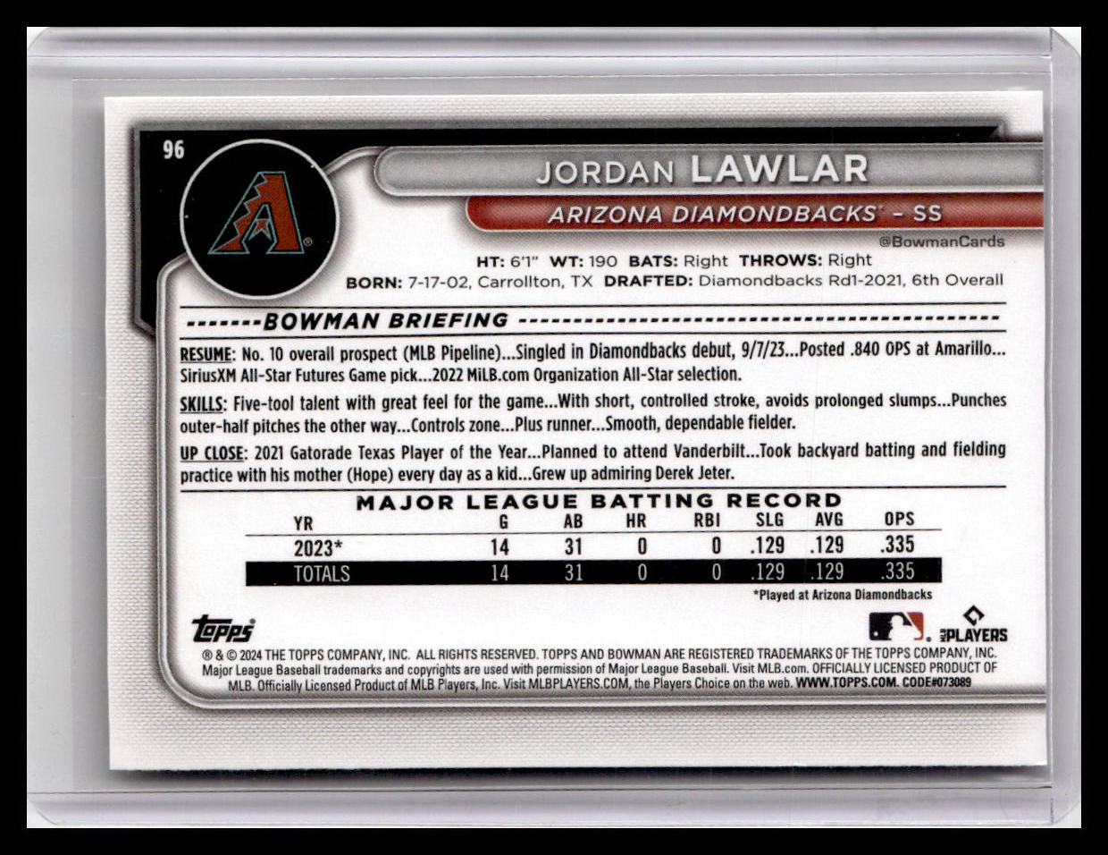 2024 Bowman #96 Jordan Lawlar