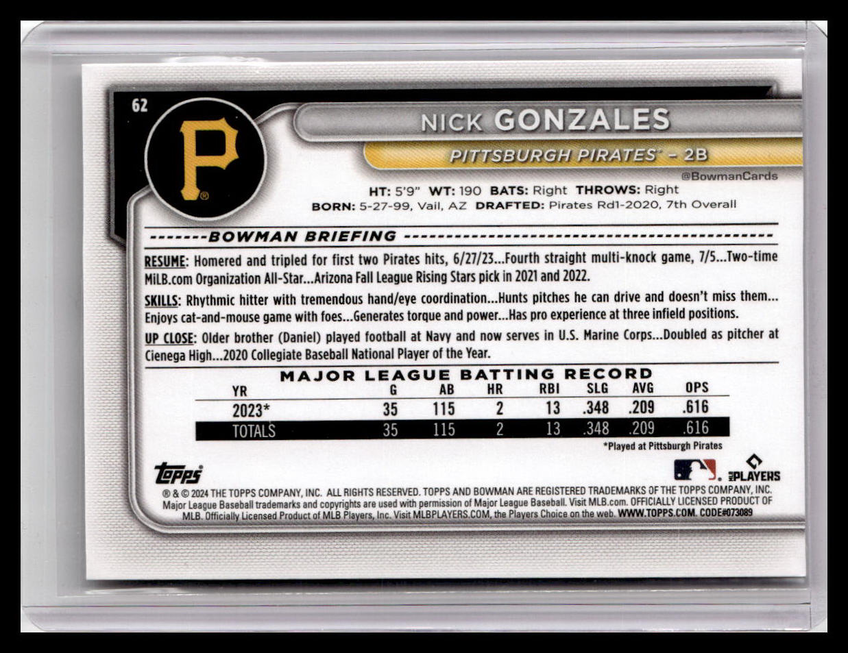 2024 Bowman #62 Nick Gonzales
