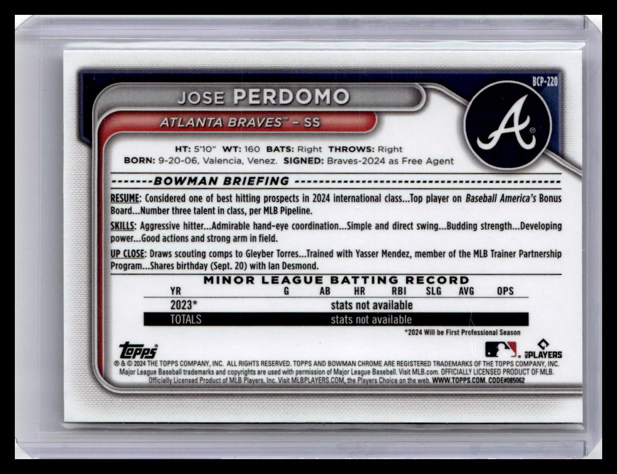2024 Bowman Chrome #BCP-220 Jose Perdomo Prospects 1st Bowman