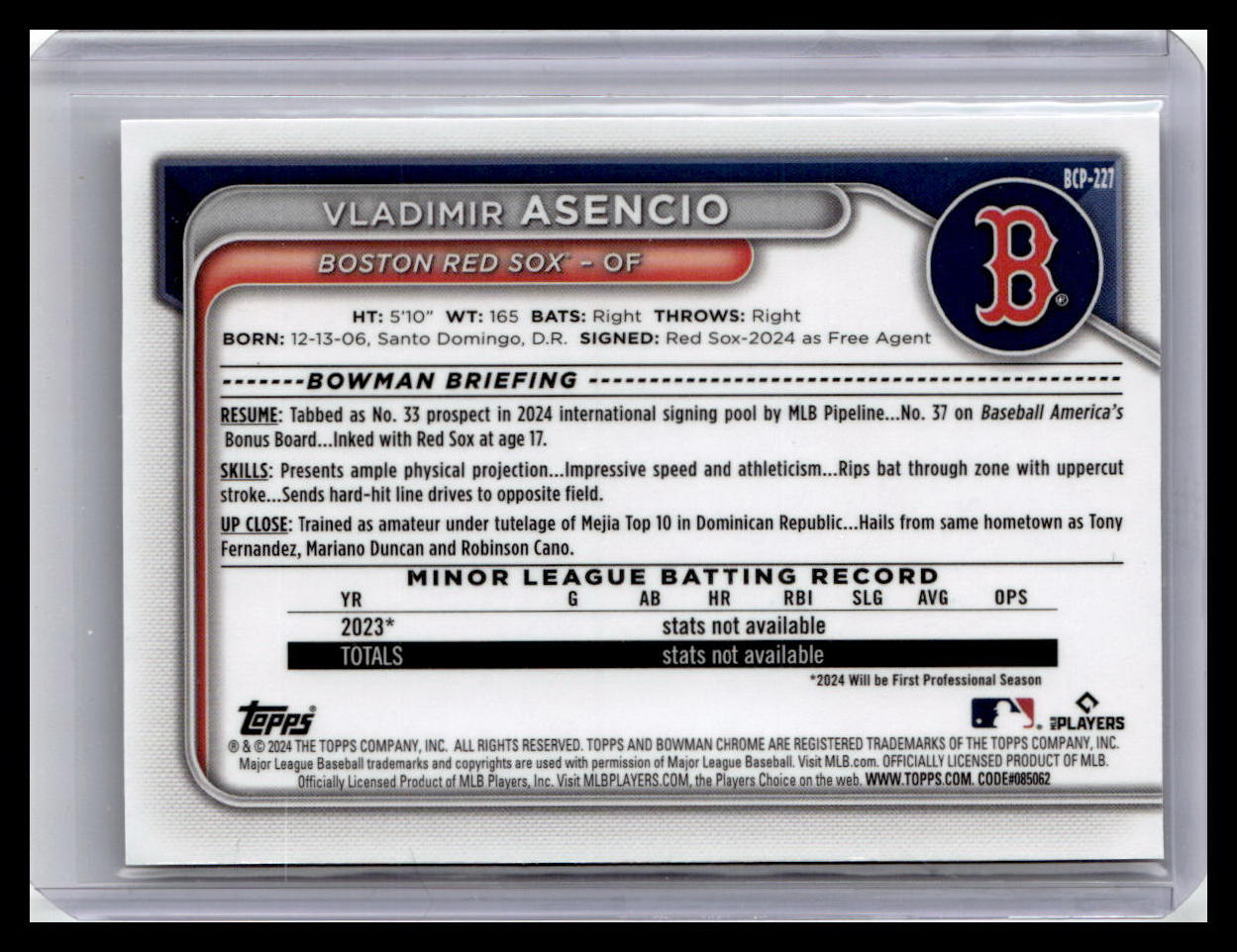 2024 Bowman Chrome #BCP-227 Vladimir Asencio Prospects 1st Bowman