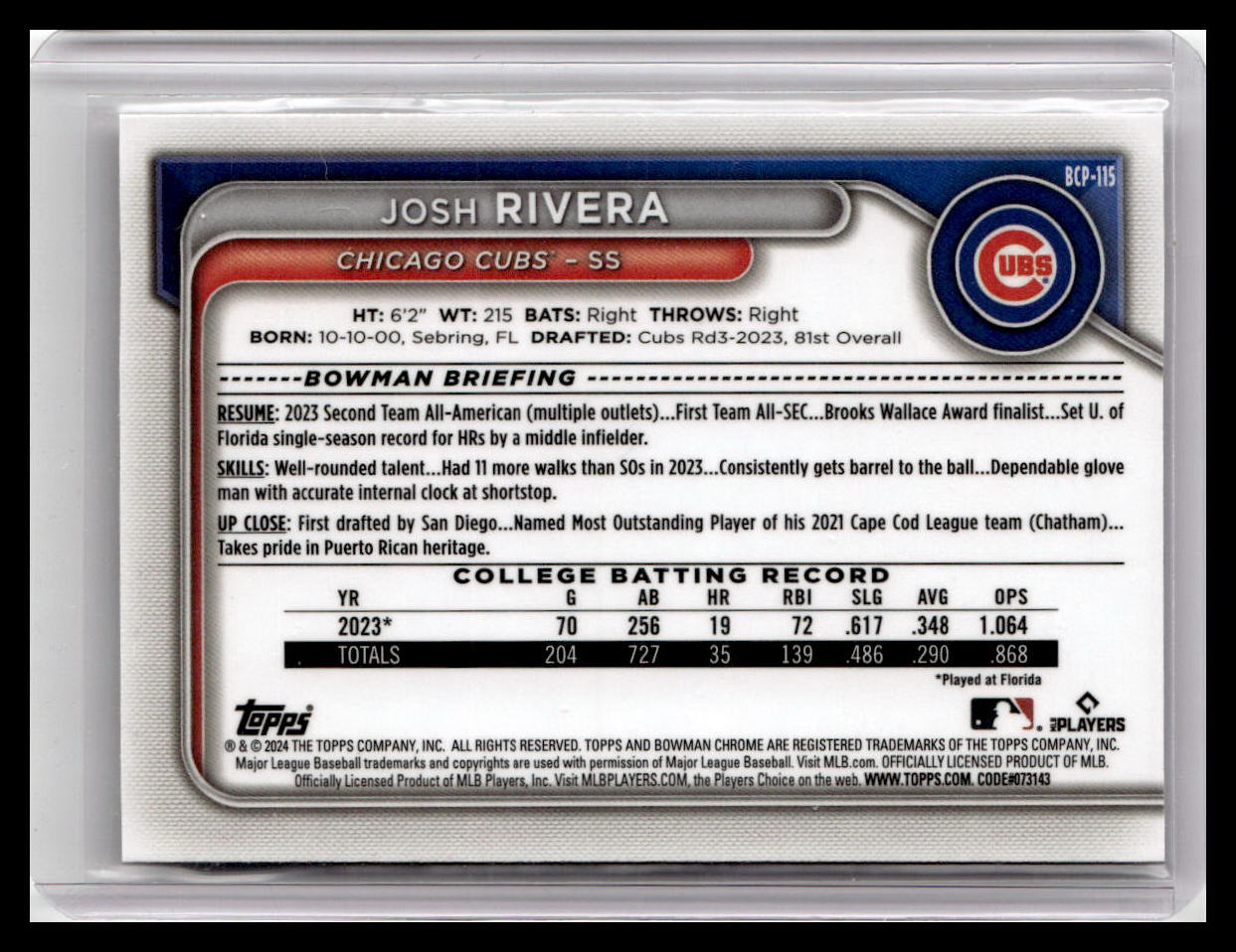 2024 Bowman #BCP-115 Josh Rivera Chrome Prospects 1st Bowman