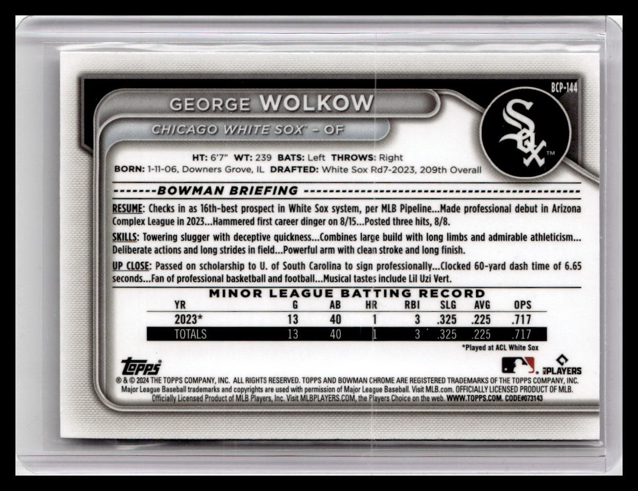 2024 Bowman #BCP-144 George Wolkow Chrome Prospects 1st Bowman