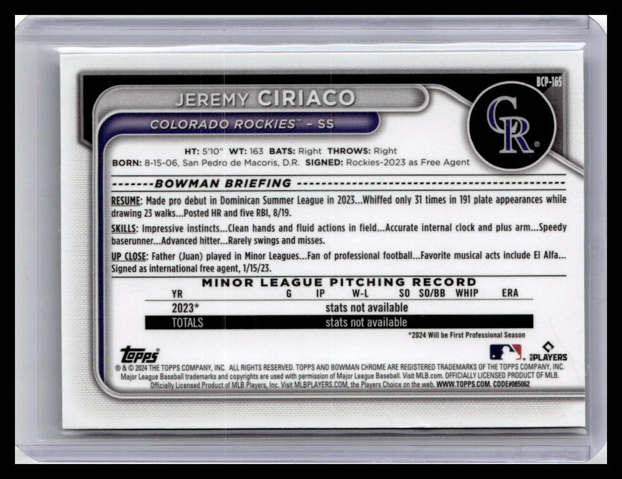 2024 Bowman Chrome #BCP-165 Jeremy Ciriaco Prospects 1st Bowman