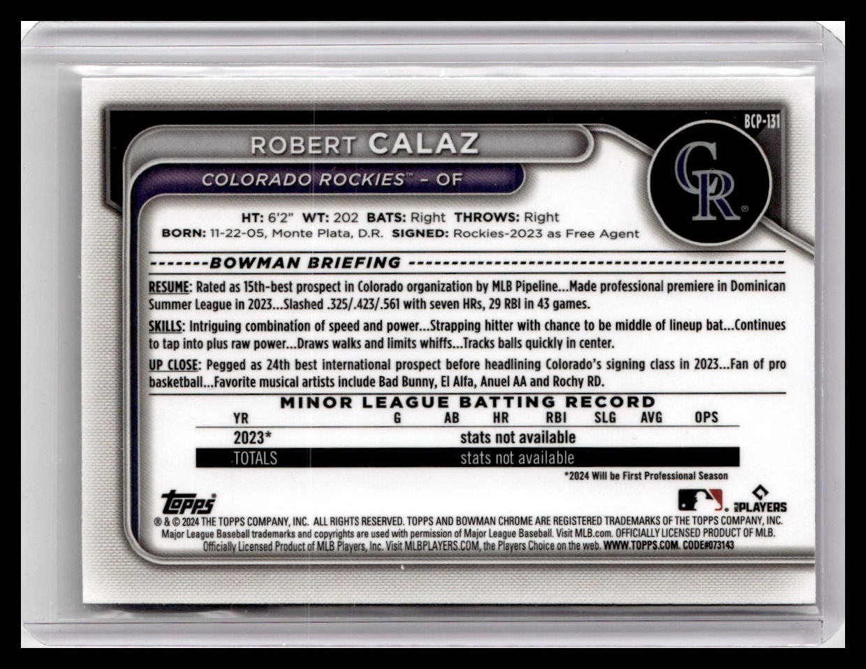2024 Bowman #BCP-131 Robert Calaz Chrome Prospects 1st Bowman