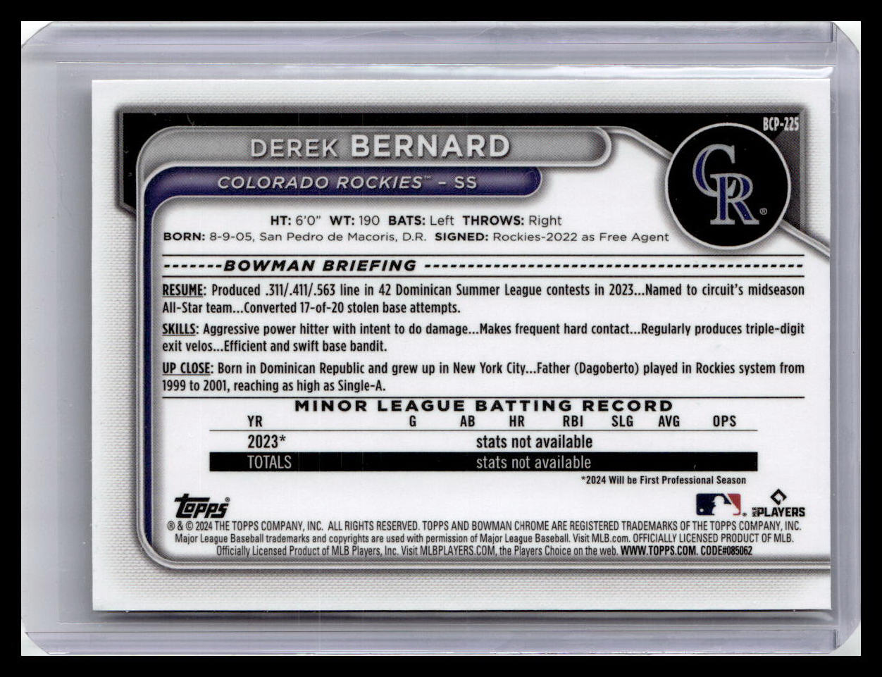 2024 Bowman Chrome #BCP-225 Derek Bernard Prospects 1st Bowman