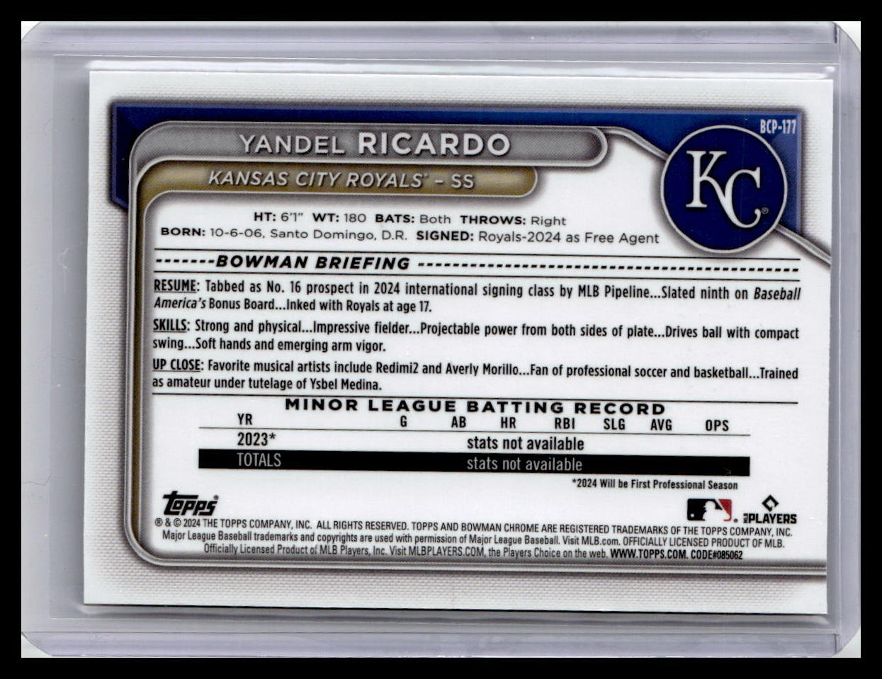 2024 Bowman Chrome #BCP-177 Yandel Ricardo Prospects 1st Bowman