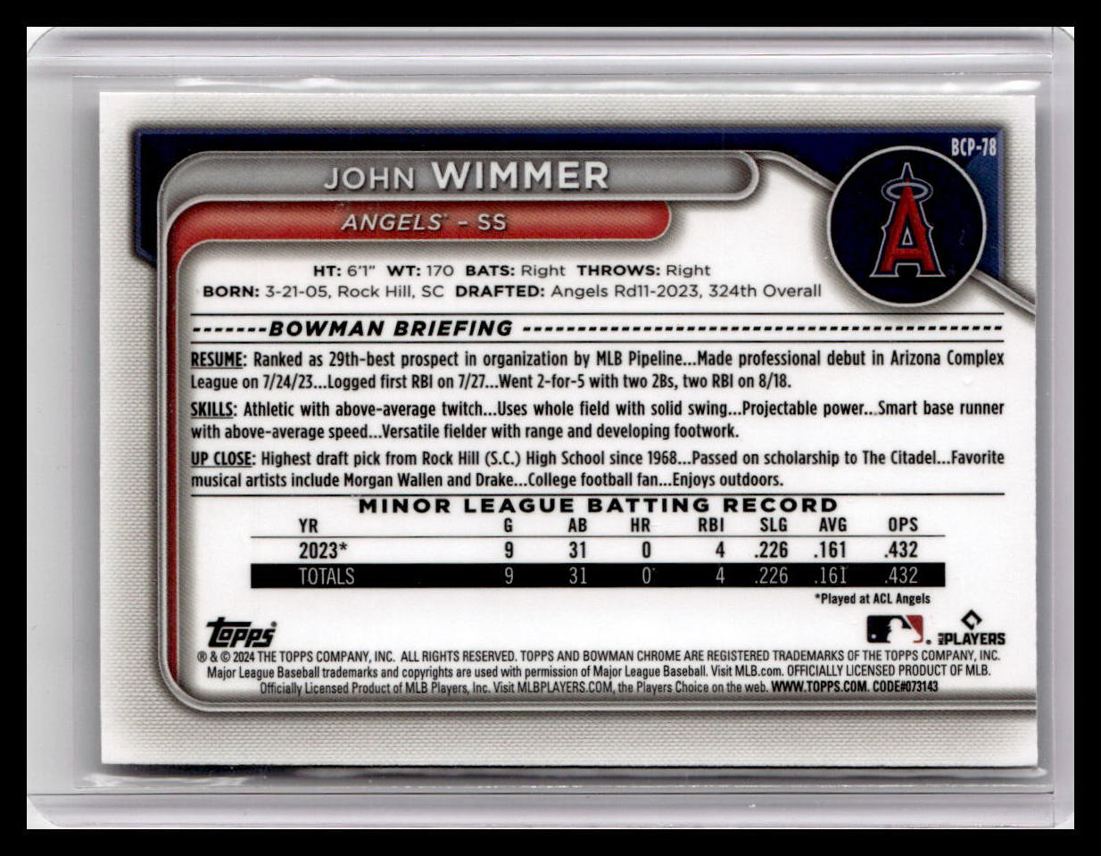 2024 Bowman #BCP-78 John Wimmer Chrome Prospects 1st Bowman