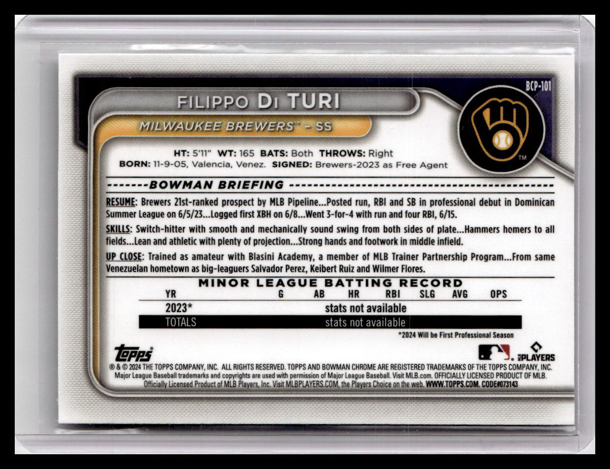 2024 Bowman #BCP-101 Filippo Di Turi Chrome Prospects 1st Bowman