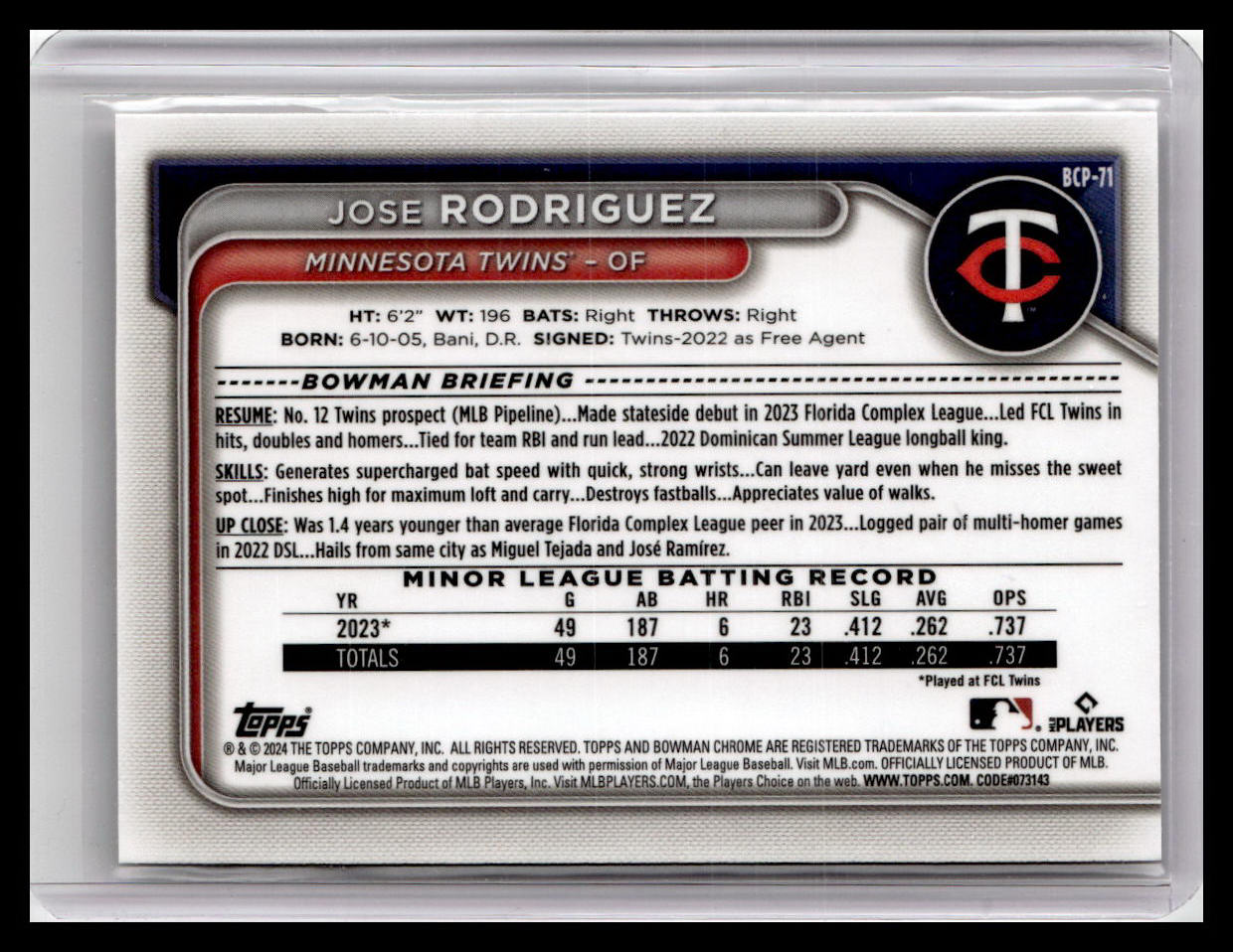 2024 Bowman #BCP-71 Jose Rodriguez Chrome Prospects 1st Bowman