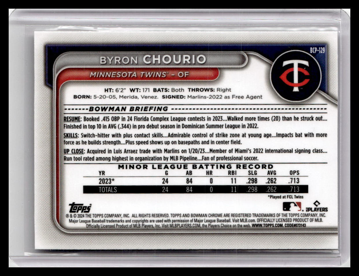 2024 Bowman #BCP-129 Byron Chourio Chrome Prospects 1st Bowman