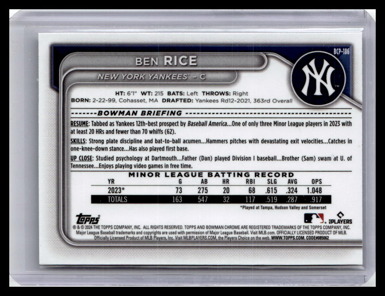 2024 Bowman Chrome #BCP-186 Ben Rice Prospects 1st Bowman