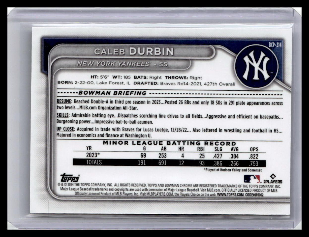 2024 Bowman Chrome #BCP-214 Caleb Durbin Prospects 1st Bowman
