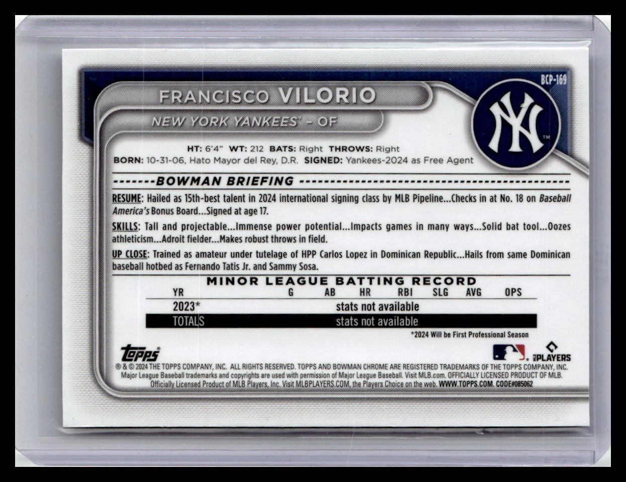 2024 Bowman Chrome #BCP-169 Francisco Vilorio Prospects 1st Bowman