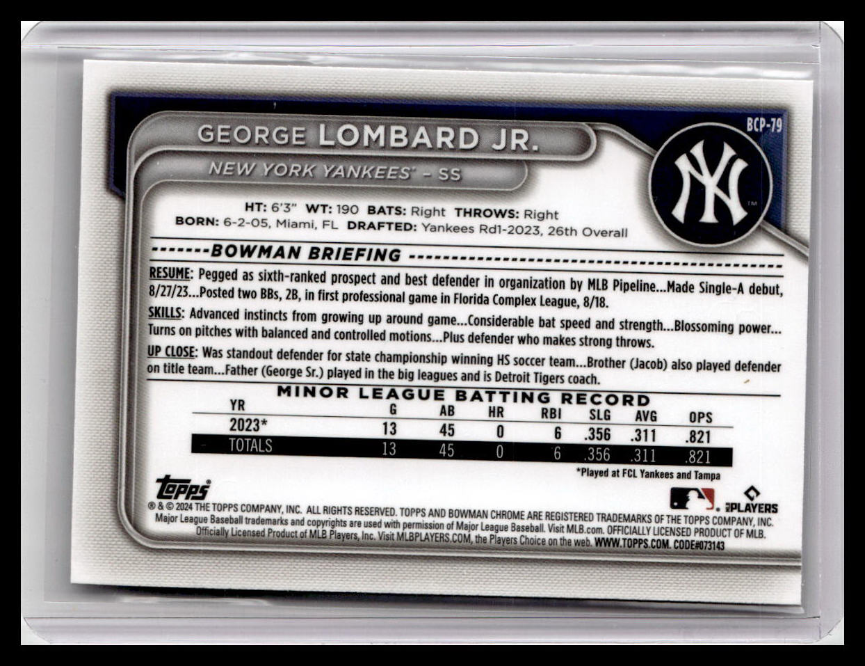 2024 Bowman #BCP-79 George Lombard Jr. Chrome Prospects 1st Bowman