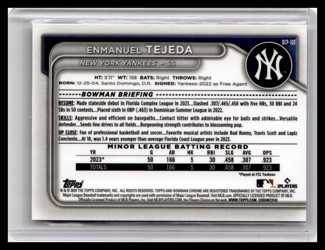 2024 Bowman #BCP-103 Enmanuel Tejeda Chrome Prospects 1st Bowman