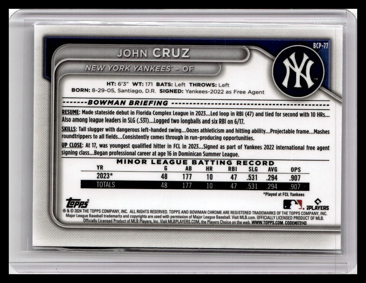 2024 Bowman #BCP-77 John Cruz Chrome Prospects 1st Bowman 1
