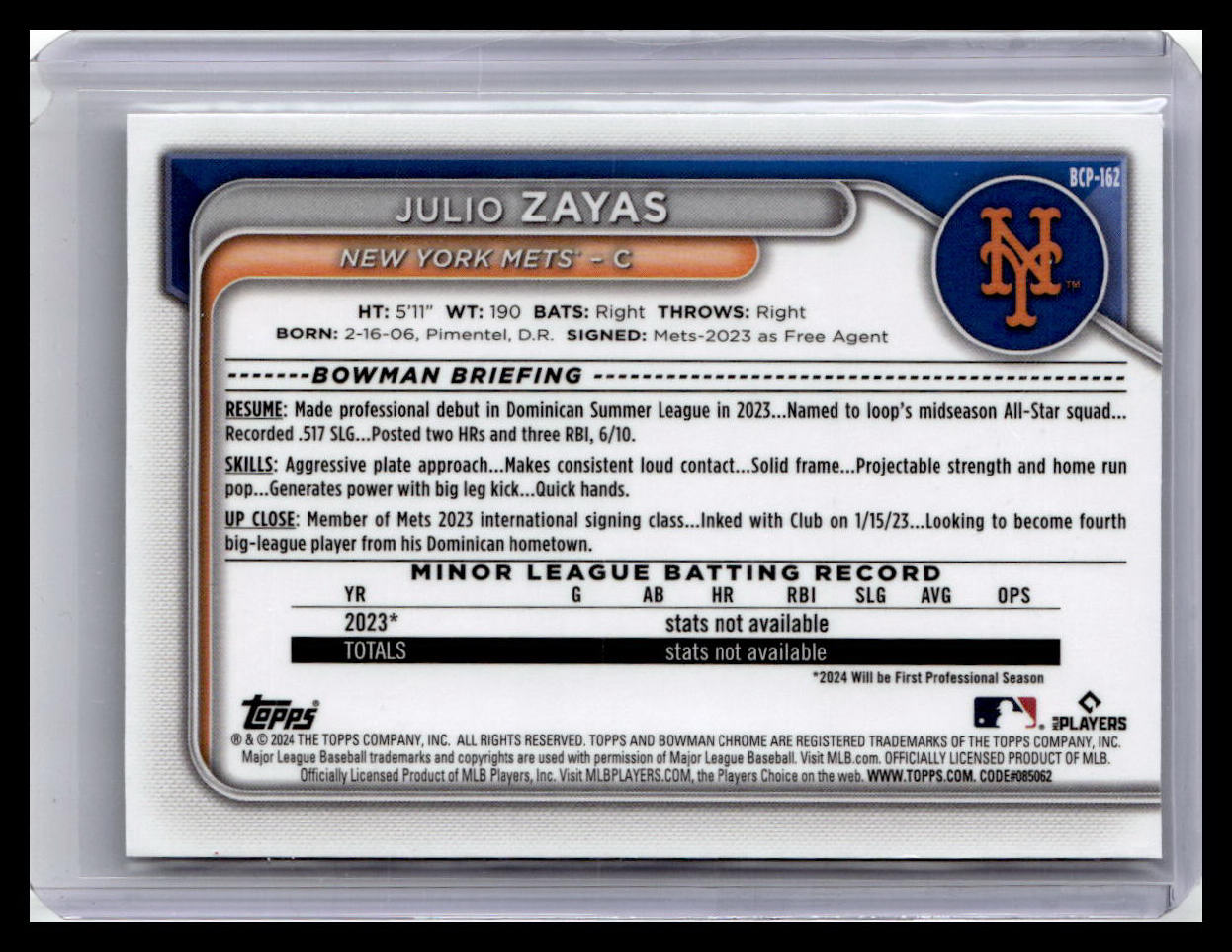 2024 Bowman Chrome #BCP-162 Julio Zayas Prospects 1st Bowman