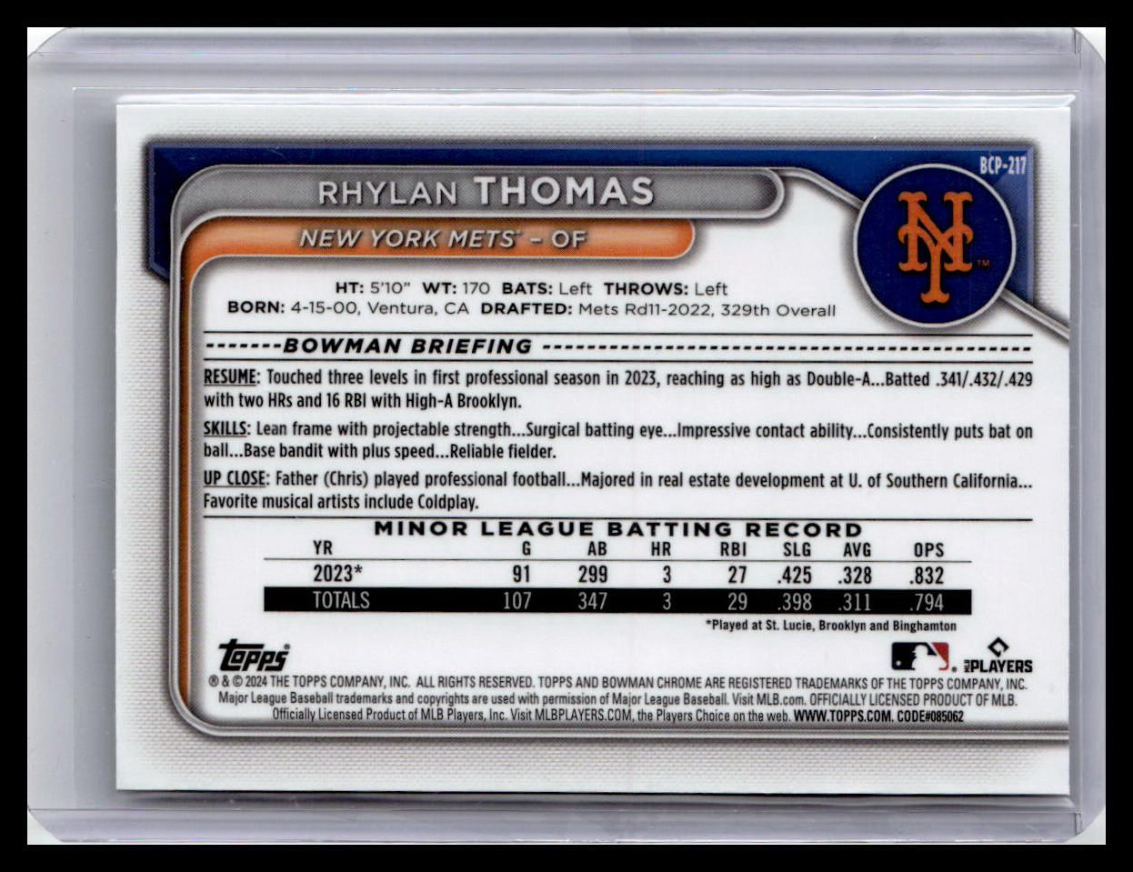 2024 Bowman Chrome #BCP-217 Rhylan Thomas Prospects 1st Bowman