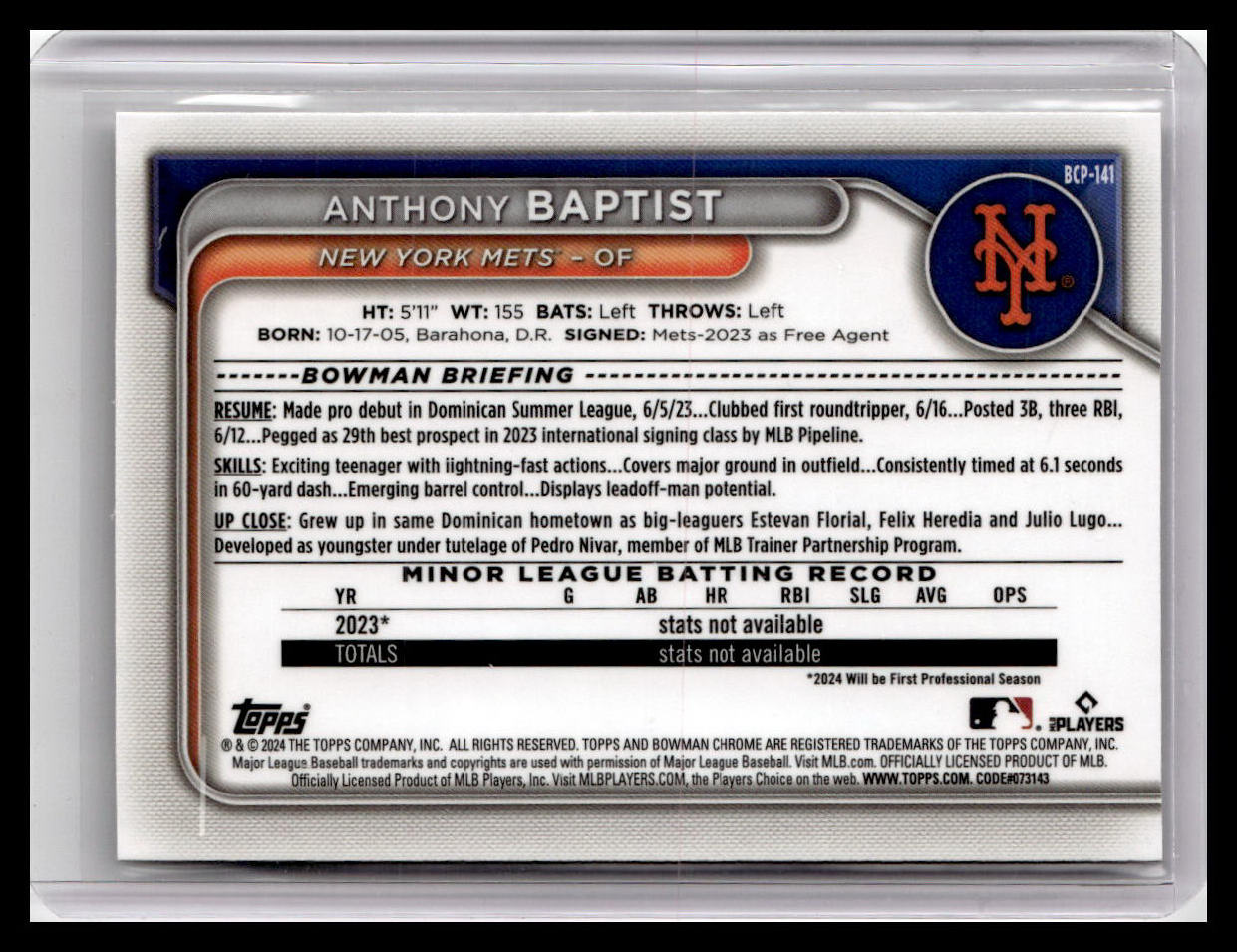 2024 Bowman #BCP-141 Anthony Baptist Chrome Prospects 1st Bowman
