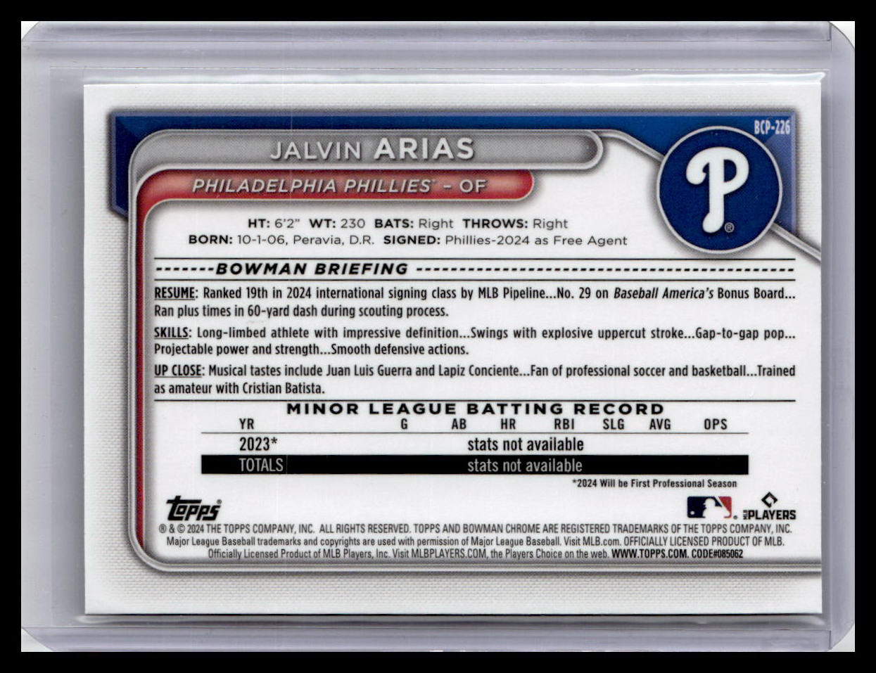2024 Bowman Chrome #BCP-226 Jalvin Arias Prospects 1st Bowman