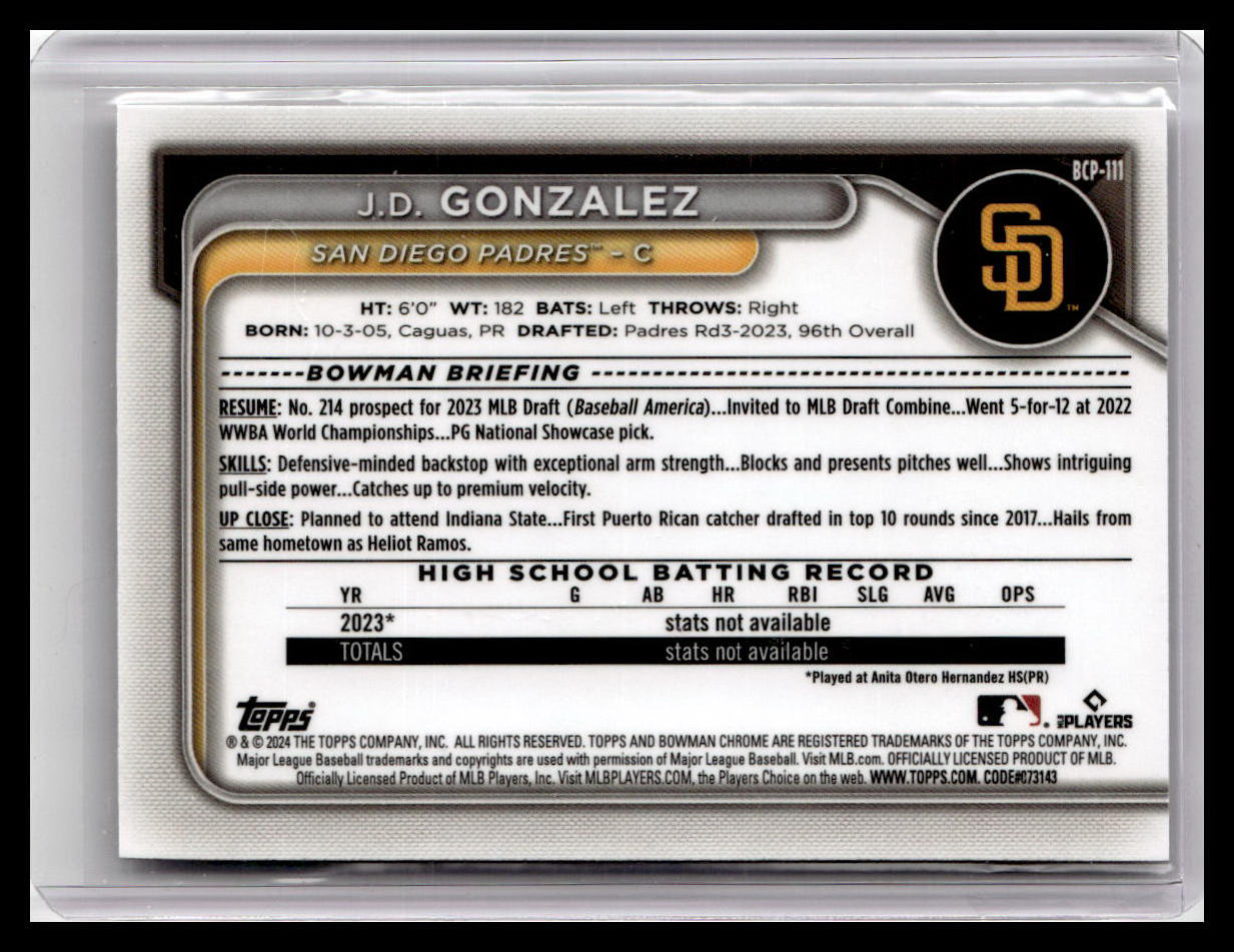 2024 Bowman #BCP-111 J.D. Gonzalez Chrome Prospects 1st Bowman