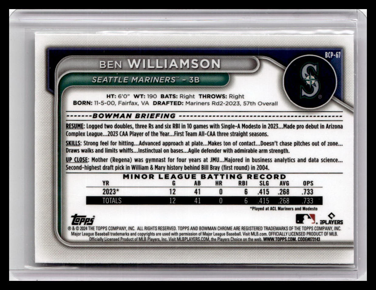 2024 Bowman #BCP-67 Ben Williamson Chrome Prospects 1st Bowman