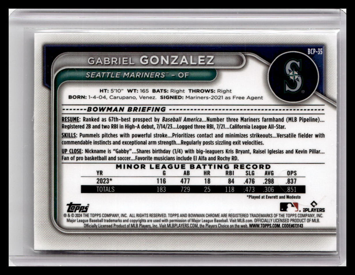 2024 Bowman #BCP-35 Gabriel Gonzalez Chrome Prospects 1st Bowman
