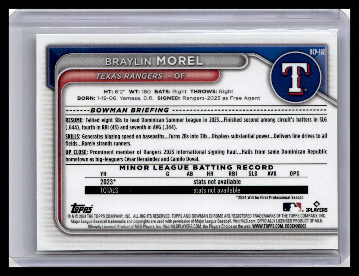 2024 Bowman Chrome #BCP-192 Braylin Morel Prospects 1st Bowman